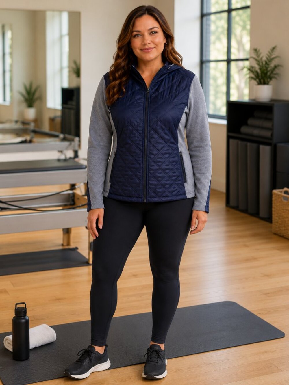 Athleta XL Navy Gray Quilted Hybrid Hooded Jacket Full Zip Athletic Activewear